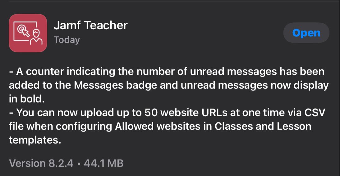 Nice updates to users of Jamf Teacher and Jamf Parent that support the end user and efficiency 
👉Bulk upload of Websites to support curriculum planning
👉Allow specific websites on child’s device at home (managed devices with Jamf)
#JamfED #AppleLearningCommunity <a href="/JamfSoftware/">Jamf</a>
