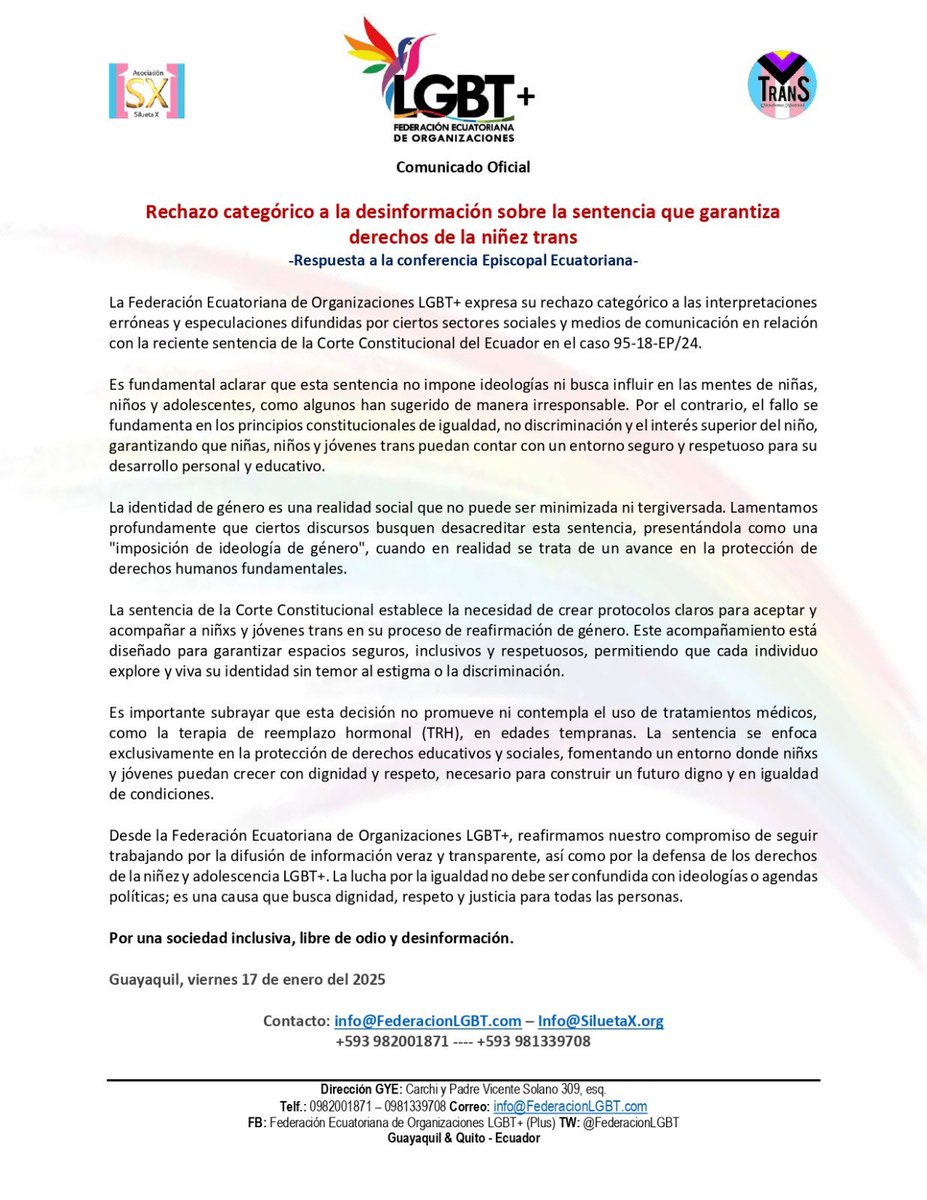 NinezTrans's tweet photo. @Confepec Respuesta a la @Confepec: Rechazo categórico a la desinformación sobre la sentencia que garantiza derechos de la niñez trans

Comunicado de la Conferencia Episcopal 👉🏽 https://t.co/wyoZCO3nFP

Respuesta Federación LGBT 👉🏽
https://t.co/HEVPh7rRxo https://t.co/Os0svjLhvc