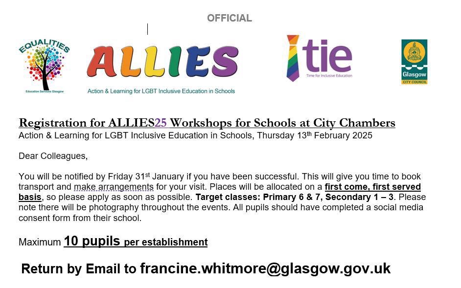 EAL Service, Glasgow (@ealglasgow) on Twitter photo Still spaces left for Allies25 pupil workshops in Glasgow City Chambers, Thurs 13th February. To register contact francine.whitmore@glasgow.gov.uk Still spaces left for Allies25 pupil workshops in Glasgow City Chambers, Thurs 13th February. To register contact francine.whitmore@glasgow.gov.uk