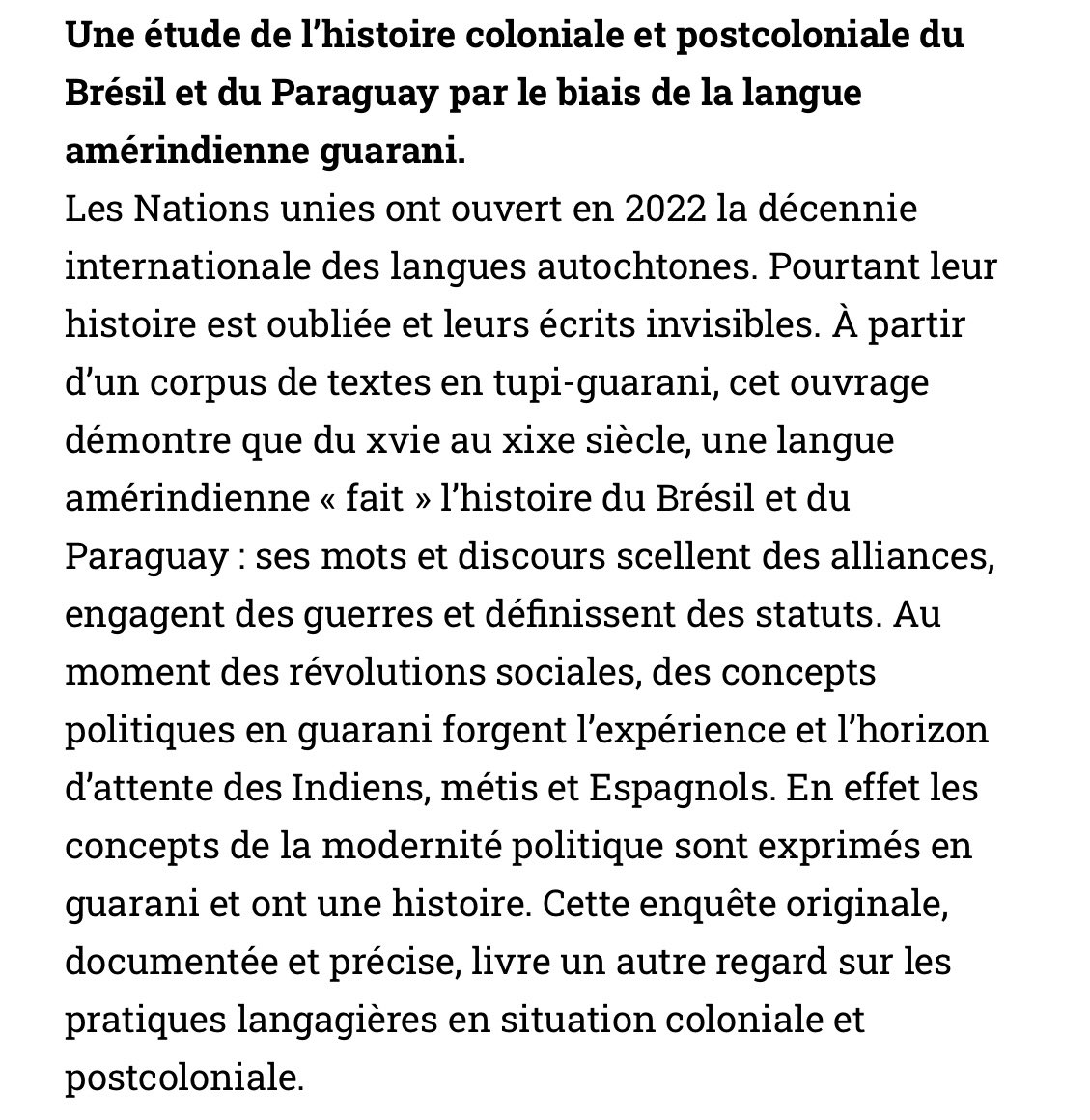 À paraître aux <a href="/PressesInalco/">Les Presses de l’Inalco</a>

« Des mots dans l’histoire. Essai d'anthropologie politique guarani (XIXe-XVIe et XVIe-XIXe) » par Capucine Boidin :
afpu-diffusion.fr/ouvrage/des-mo…