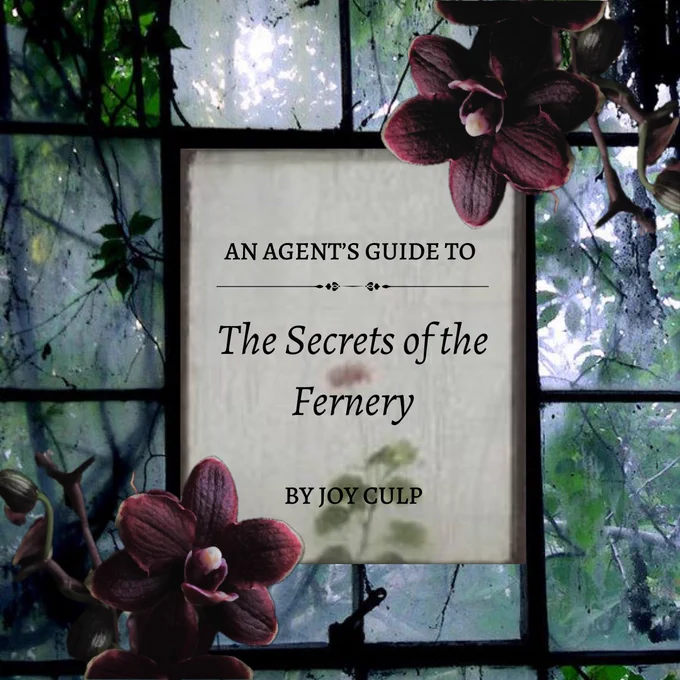 Foggy greenhouse glass in the background, with two red orchids. An Agent’s guide to: The Secrets of the Fernery. By Joy Culp