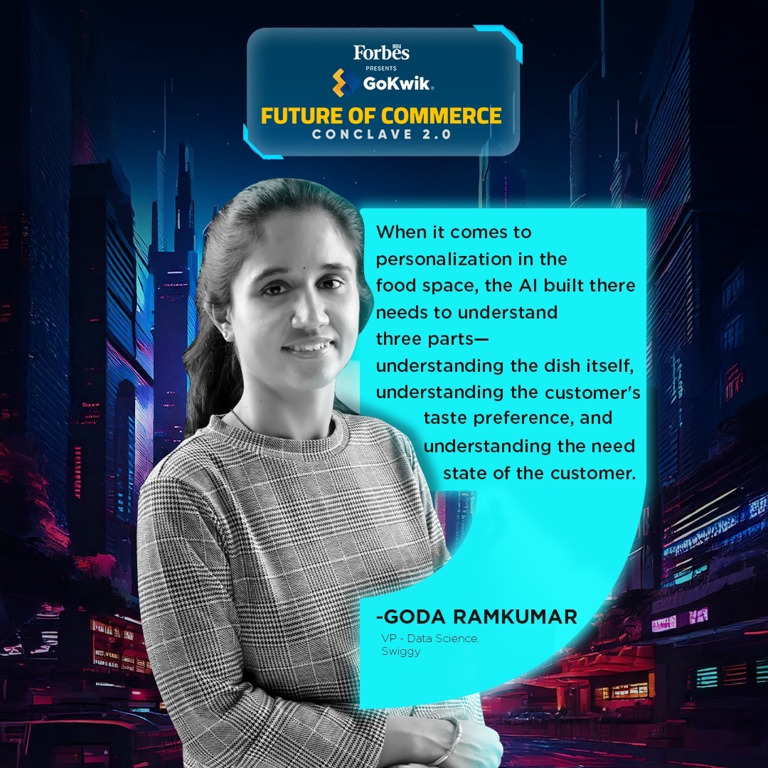 ForbesIndia's tweet photo. Goda Ramkumar, Swiggy at Future of Commerce Conclave 2.0, exploring how AI is transforming the food industry.
#ForbesIndia #Gokwik #FutureOfCommerce2.0 #CommCon2 #LiveNow
#AIinFood #PersonalizedDining https://t.co/WvvDXLisSc