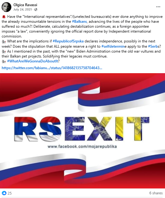 JasminMuj's tweet photo. Reports of Olga Ravasi being considered for US Amb to Bosnia are deeply alarming. 

She is a literal Serb nationalist lobbyist; publicly supported secession of BiH's RS entity; has questioned facts of Srebrenica Genocide; supports Russia's aggression vs Ukraine.

Non-starter. https://t.co/frcISnGr77