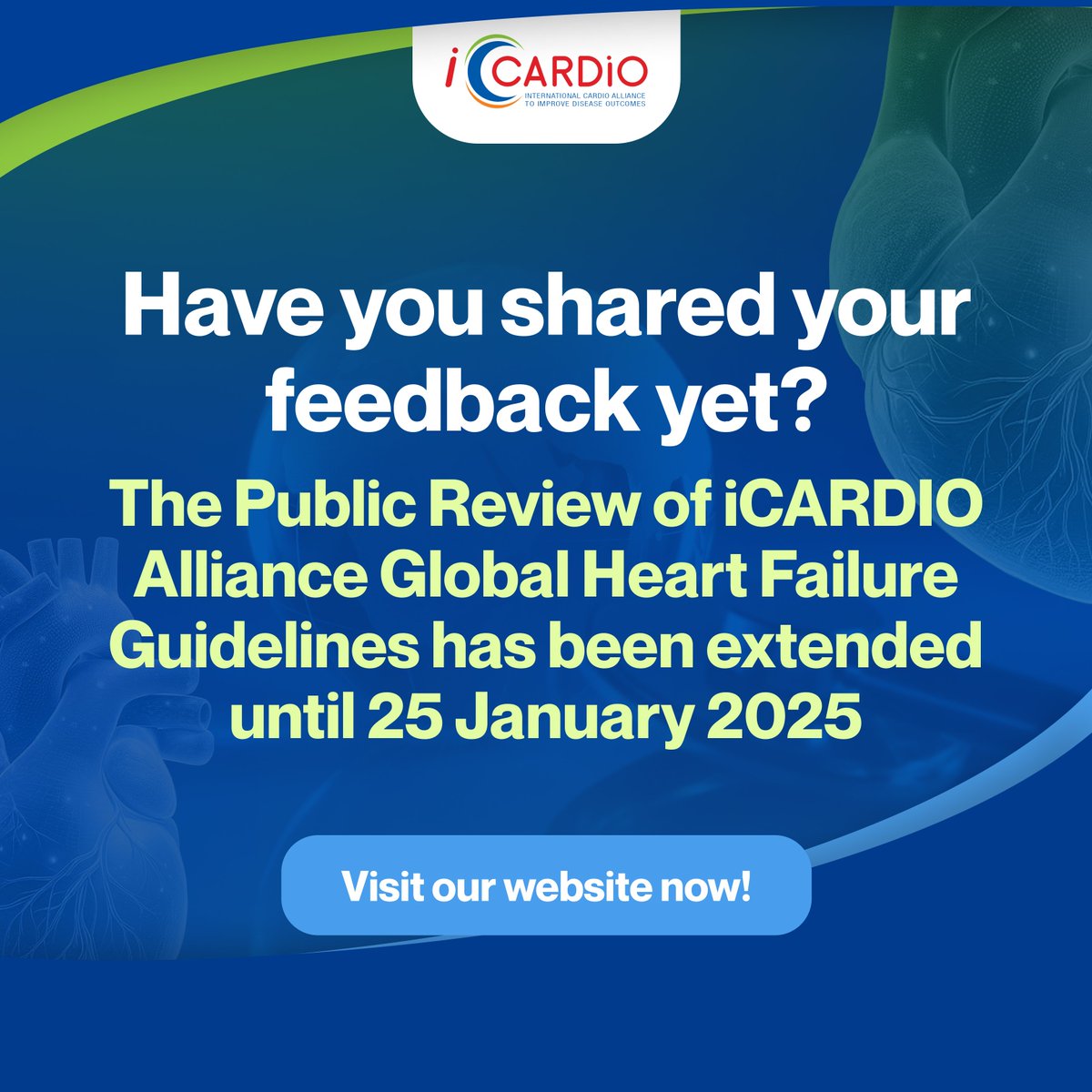 iCardio (@icardioalliance) on Twitter photo The iCARDIO Alliance #HeartFailure Guidelines Public Review is extended until 25 January! Donāt miss your chance to contribute and shape the future of global HF care.
Access resources & submit feedback here: icardioalliance.org/public-reviews/
<a href="/ShelleyZieroth/">Shelley Zieroth</a> <a href="/fjpinto1960/">Fausto Pinto</a> <a href="/LawrenceSherman/">Lawrence Sherman</a> The iCARDIO Alliance #HeartFailure Guidelines Public Review is extended until 25 January! Donāt miss your chance to contribute and shape the future of global HF care.
Access resources & submit feedback here: icardioalliance.org/public-reviews/
<a href="/ShelleyZieroth/">Shelley Zieroth</a> <a href="/fjpinto1960/">Fausto Pinto</a> <a href="/LawrenceSherman/">Lawrence Sherman</a>