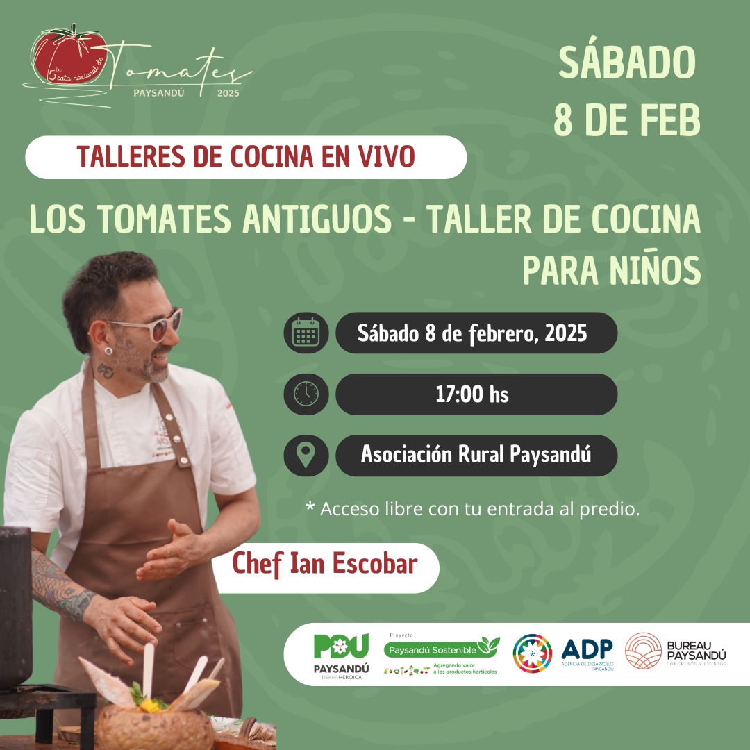 🍅CATA NACIONAL DE TOMATES

🗓️ Sábado 8 de febrero, Asociación Rural Paysandú

🍅Feria de Artesanos
🍅Feria de Productores
🍅Plaza de Comidas
🍅Magia en vivo
🍅Música en vivo
🍅Actividades para niños
🍅Cocina en vivo y degustaciones
🍅Cata Sensorial
🍅Chaja Edición Especial con🍅