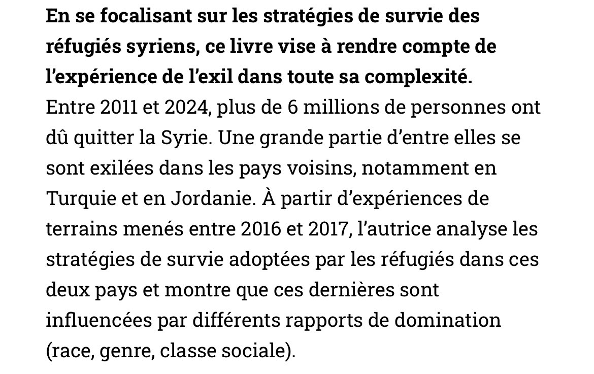 À paraître aux <a href="/PressesInalco/">Les Presses de l’Inalco</a> 

« « Suis-je un réfugié ? ». Les stratégies de survie de Syriens dans les espaces urbains en Turquie et en Jordanie » par Glenda Santana de Andrade :
afpu-diffusion.fr/ouvrage/suis-j…