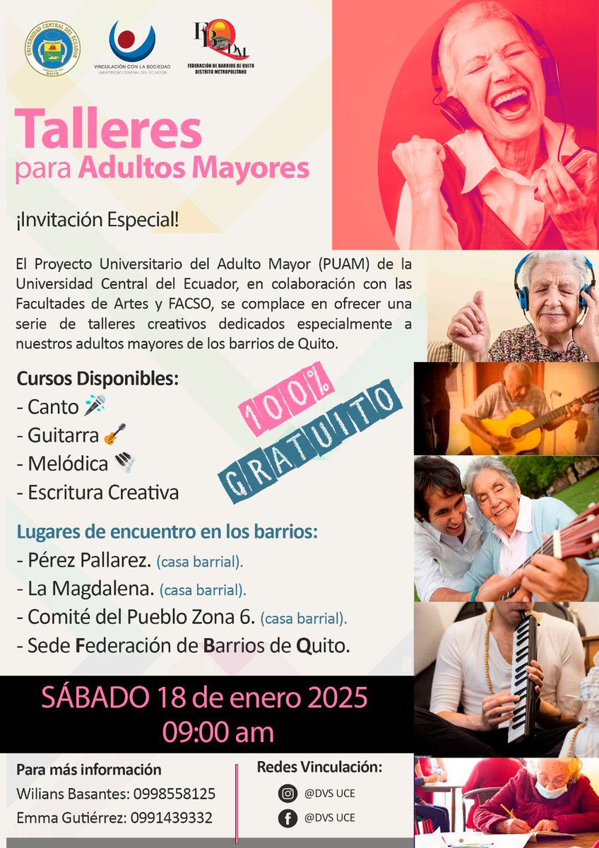 #Infórmate
 <a href="/lacentralec/">Universidad Central del Ecuador</a> llevará a cabo talleres gratuitos de arte y música en los barrios de Quito, diseñados especialmente para nuestros queridos adultos mayores. 🎨🎶
#SoyVinculación
#AdelanteUniversidadCentral