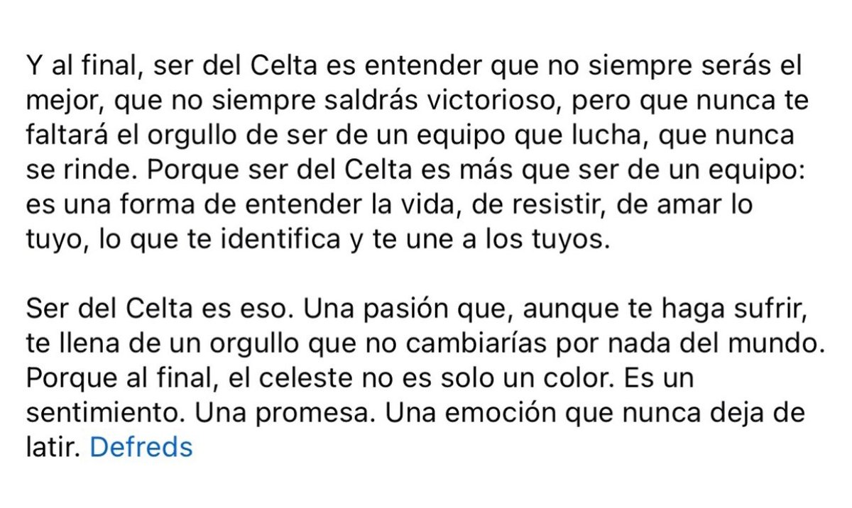 MCeleste1923's tweet photo. ✍🏼 "Y al final ser del @RCCelta es entender que no siempre serás el mejor, que no siempre saldrás victorioso, pero que nunca te faltará el orgullo de ser de un equipo que lucha, que nunca se rinde"

🩵Grazas @Defreds por expresar de forma tan fermosa esta bendita condena https://t.co/CVgyv9IEsj