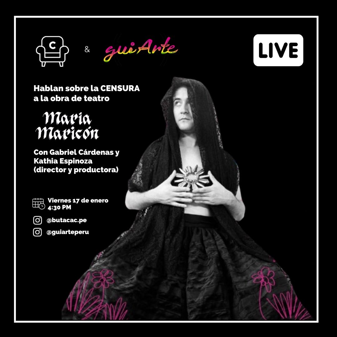 ButacaC's tweet photo. Hoy a las 4:30 PM junto a @YiselaMGalvez de #Guiarte estaremos hablando con Gabriel Cárdenas y Kathia Espinoza (director y productora) sobre la CENSURA a su obra de teatro #MariaMaricon por la PUCP debido a la presión de grupos ultraconservadores.
Vía https://t.co/YZIF0PnUtM https://t.co/RsdsDhyg6J