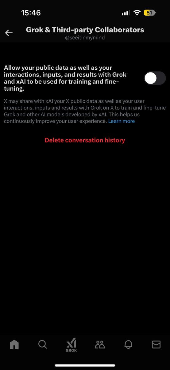 seeitinmymind's tweet photo. friendliest reminder that if you go to app settings > privacy and safety > grok personalisation + grok training u can stop elon musk from using your data and interactions to train his AI https://t.co/EIE0XaSMbR