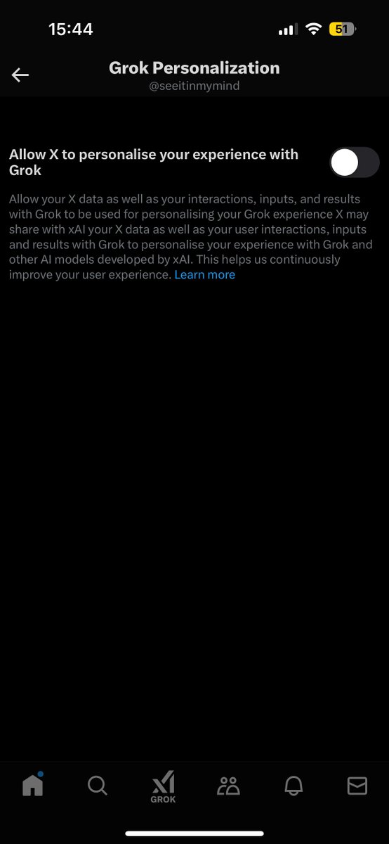 seeitinmymind's tweet photo. friendliest reminder that if you go to app settings > privacy and safety > grok personalisation + grok training u can stop elon musk from using your data and interactions to train his AI https://t.co/EIE0XaSMbR