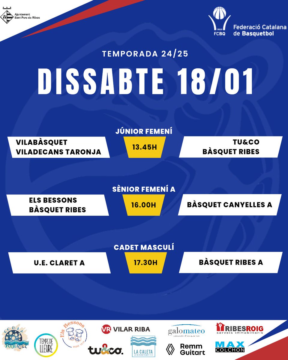BasquetRibes's tweet photo. 📅 Agenda de partits d'aquest cap de setmana.
#basquetribes #adnribes #spribes #esportribeta
@santperederibes @VilarRiba @REMMGUITART @tuandco_ @Maxcolchon @Ribesroig @TempsdeLleure1 @basquetmolins @bcsjd @VilabasquetVila @btclaret https://t.co/ZVNsnwZ6IF