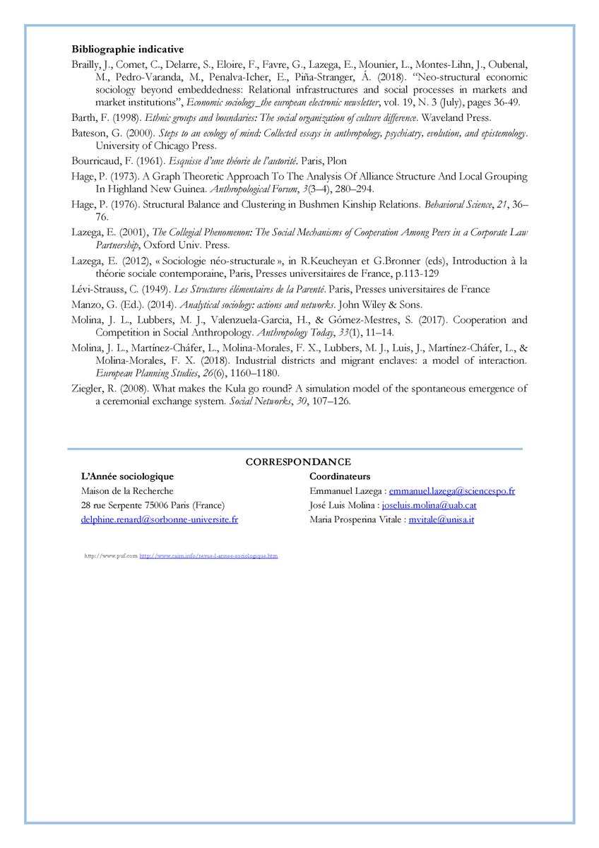 L'Année sociologique (@anneesocio) on Twitter photo "Les #mécanismes sociaux vus sous l'angle des #réseaux sociaux"
🖊️📚 A vos stylos !
Un appel à contributions proposé par E. Lazega (<a href="/sciencespo/">Sciences Po</a> ), J. L. Molina (<a href="/UAB1968/">Universidad Autònoma de Barcelona</a> ) et M. P. Vitale (<a href="/UniSalerno/">Università Salerno</a> )
➡️📅Date limite (synopsis) : 31 mars 25
Parution : vol. 76-1, avril 26 "Les #mécanismes sociaux vus sous l'angle des #réseaux sociaux"
🖊️📚 A vos stylos !
Un appel à contributions proposé par E. Lazega (<a href="/sciencespo/">Sciences Po</a> ), J. L. Molina (<a href="/UAB1968/">Universidad Autònoma de Barcelona</a> ) et M. P. Vitale (<a href="/UniSalerno/">Università Salerno</a> )
➡️📅Date limite (synopsis) : 31 mars 25
Parution : vol. 76-1, avril 26