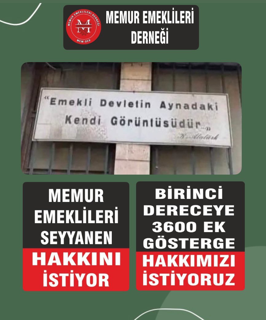 Sn. Cumhurbaşkanım Mevzuat Gereği Olan #EmekliMemuradaSeyyanen Ek Ödeme ile #BirinciDereceye3600 Ek Gösterge Talimatınızı Hatırlatırız.
#MemDer
#hayirlicumalar 
<a href="/RTErdogan/">Recep Tayyip Erdoğan</a> <a href="/tcbestepe/">T.C. Cumhurbaşkanlığı</a> <a href="/Akparti/">AK Parti</a> <a href="/dbdevletbahceli/">Devlet Bahçeli</a> <a href="/MHP_Bilgi/">MHP</a> <a href="/memetsimsek/">Mehmet Simsek</a> <a href="/avabdullahguler/">Abdullah Güler</a> <a href="/eczozgurozel/">Özgür Özel</a> <a href="/herkesicinCHP/">CHP 🇹🇷</a>
