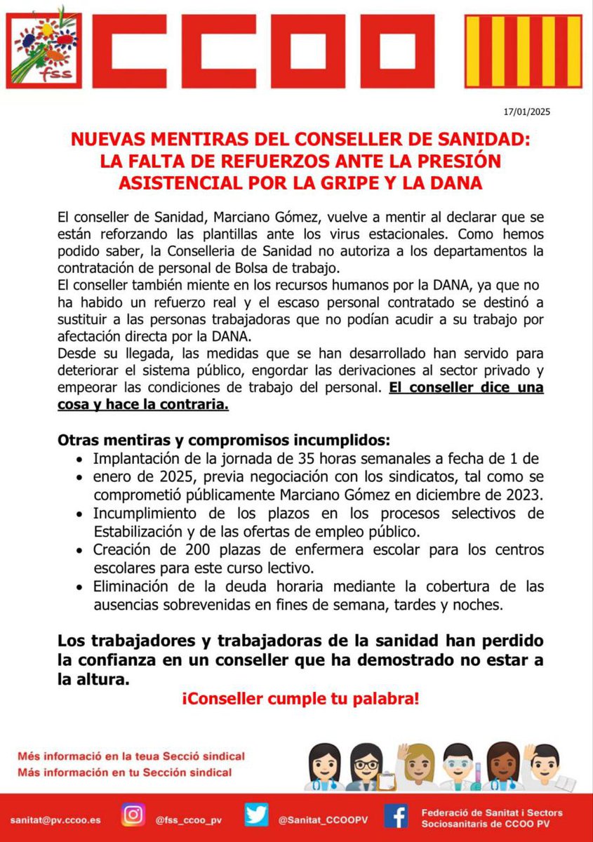 Por fin <a href="/SATSE_CV/">SATSE Comunidad Valenciana</a> y <a href="/fssccoo/">FSS-CCOO</a> plantean tomar medidas para acabar con los retrasos en los procesos selectivos!! <a href="/Sindicato_SAE/">Sindicato SAE</a> <a href="/CSIF_SANIDAD_CV/">CSIF SANIDAD CV</a> <a href="/ugtsanidadpv/">UGT Sanidad PV</a> <a href="/IntersindicalSa/">Intersindical Salut</a> Necesitamos unión para acabar con esta injusticia de la <a href="/GVAsanitat/">GVA Sanitat</a> 
#sanitariossinsuplaza