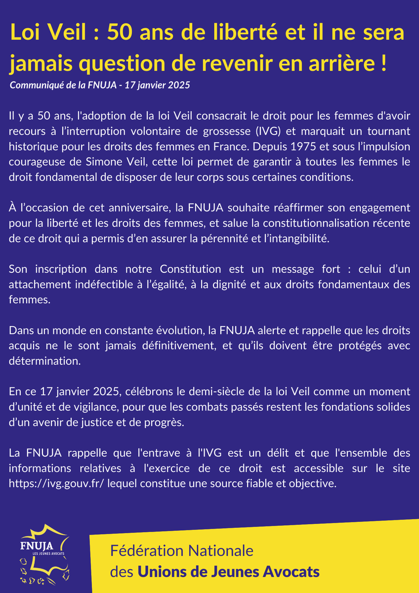 📷📷 Un demi-siècle siècle pour la loi Veil, merci Madame !

Un anniversaire fort de symboles, empreint de combats en faveur des droits des femmes.

La FNUJA se battra toujours pour la protection des droits fondamentaux ! 

 ivg.gouv.fr