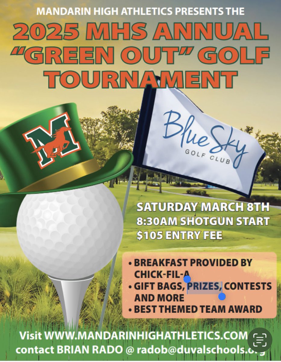 On Saturday, March 8th, we will hold our 10th Annual Mandarin Athletics Golf Tournament @ Blue Sky Country Club. This athletic-wide fundraiser goes to benefit ALL MHS Sports Programs. The cost is $105 per golfer and $175 for a Hole Sponsorship.