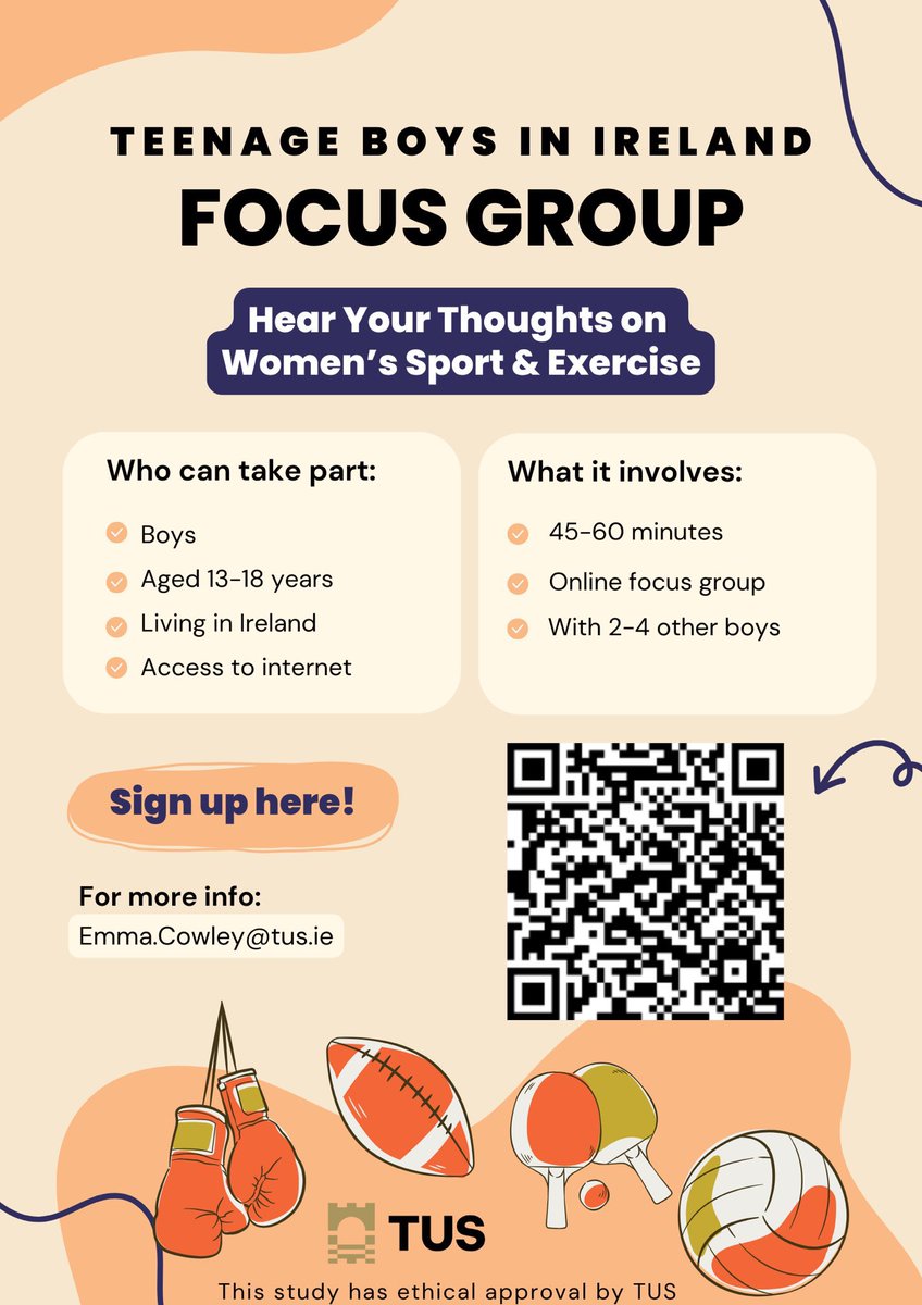 🚨NEW RESEARCH - PARTICIPANTS WANTED🚨

🏐We are looking for teenager boys aged 13-18 to take part in some online focus groups.

⚽️We want to better understand Irish boys perceptions of girls who take part in sport and physical activity.

⬇️More Info:
app.onlinesurveys.jisc.ac.uk/s/ljmu/boys-pe…