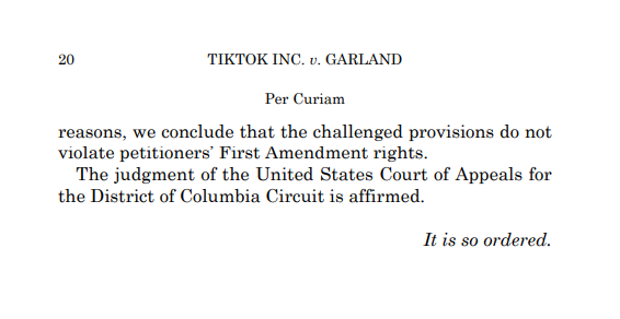 #BREAKING: The Supreme Court UPHOLDS a law requiring TikTok to divest from its Chinese parent company by Sunday or face a nationwide ban.
(TikTok v. Garland, 24-656) #SCOTUS supremecourt.gov/opinions/24pdf…