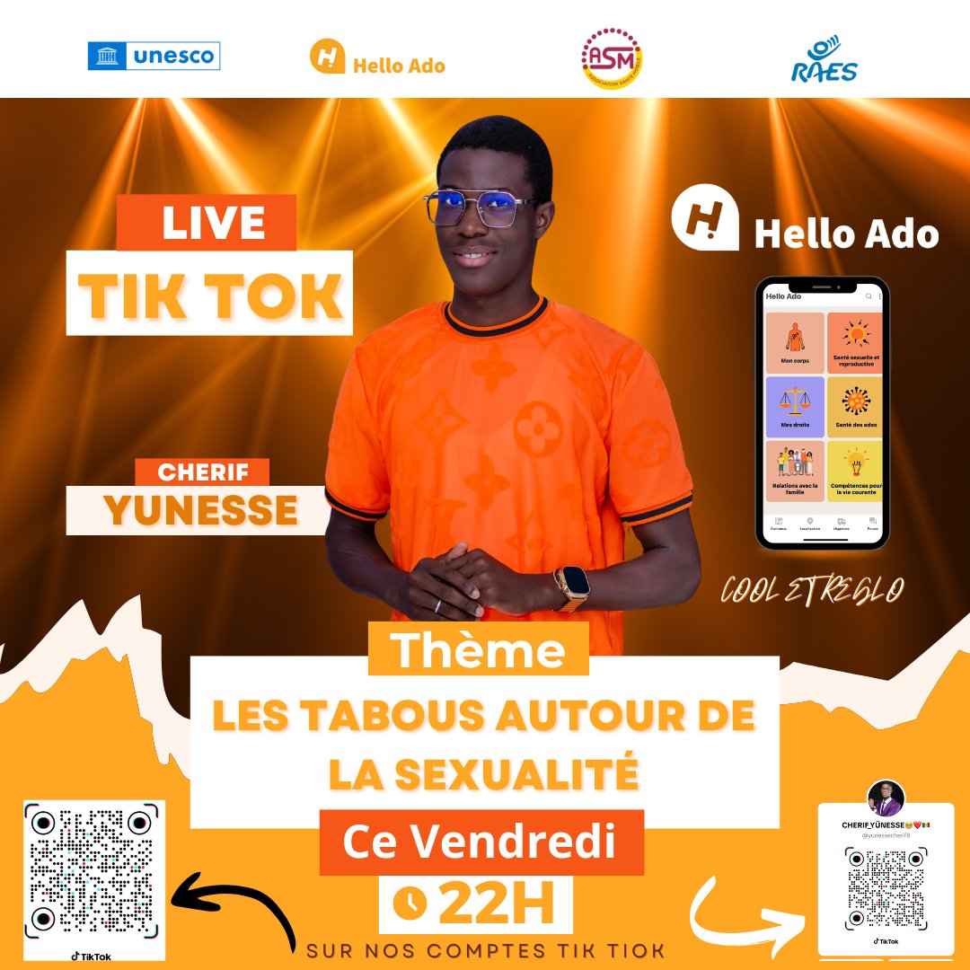 santemobilesn's tweet photo. Annonce spéciale !  Rejoignez nous  en Live ! 📷  TIK TOK
 Quand ? [Aujourd'hui à  partir de 22H]
Où ? Sur nos comptes TikTok : @ [https://t.co/zOiTOKnCnp...  et ] avec  @cherif_yuness
📷 Nous avons comme thème [Les tabous autour de la sexualité] !
#HelloAdo #CoolEtReglo https://t.co/ATR35ekA5p