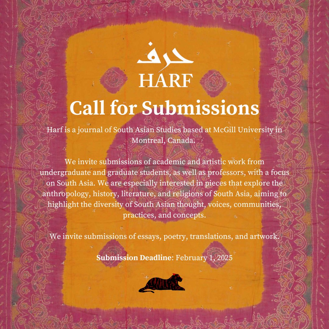Rasgullite No. 1 (@mkhanpasha) on Twitter photo ⭐️⭐️Call for Submissions
Harf, McGill's journal of South Asian Studies, invites essays, poetry, translations & art! Focus: Anthropology, history, lit, religion, & celebrating South Asian voices.
📧 Send to: harfjournal@gmail.com ⭐️⭐️Call for Submissions
Harf, McGill's journal of South Asian Studies, invites essays, poetry, translations & art! Focus: Anthropology, history, lit, religion, & celebrating South Asian voices.
📧 Send to: harfjournal@gmail.com