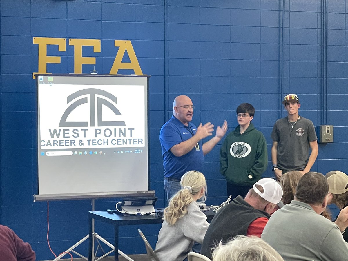 WestPointCTC's tweet photo. Our #FFA hosted the Clay County Cattlemen for their monthly meeting last night. They talked about our Ag class and @NationalFFA program. They also heard from the local USDA NRCS Conservationist. #WPCTC #WPCSD #CTE #PulseDocumentation #TooMuchPoint https://t.co/UsEEmOrXw2