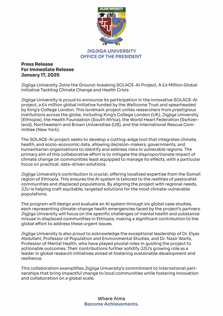 jigjigauniveth's tweet photo. Jigjiga University is proud to announce our participation in the global #SOLACEAI project, a £4 million initiative focused on climate change &amp; health.  Together with international partners, we’re working to support vulnerable communities. Read Our Press Release⤵️ https://t.co/PqsWnwUhUT