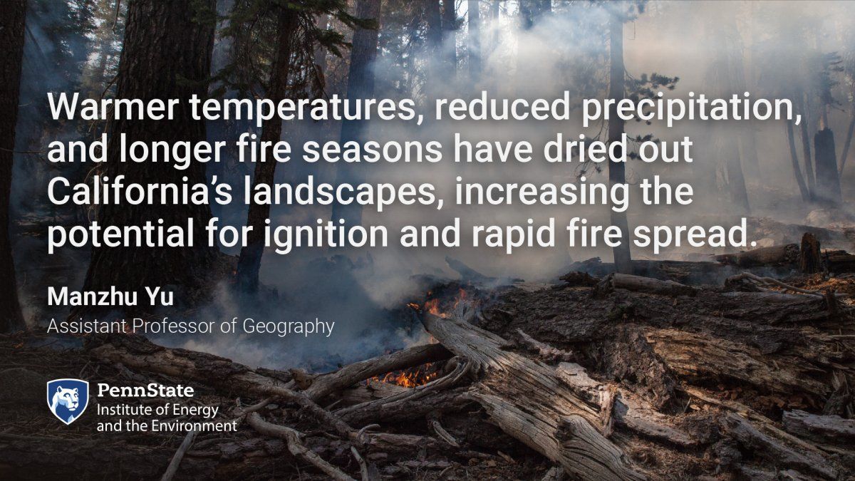 IEE at Penn State (@ieepennstate) on Twitter photo Researcher Manzhu Yu looks at the factors driving more intense and frequent wildfires and the innovative technologies being used to mitigate their effects in a recent blog post: buff.ly/4fWw5md
<a href="/PSUEMS/">College of EMS</a> <a href="/psugeography/">Penn State Geography</a> Researcher Manzhu Yu looks at the factors driving more intense and frequent wildfires and the innovative technologies being used to mitigate their effects in a recent blog post: buff.ly/4fWw5md
<a href="/PSUEMS/">College of EMS</a> <a href="/psugeography/">Penn State Geography</a>