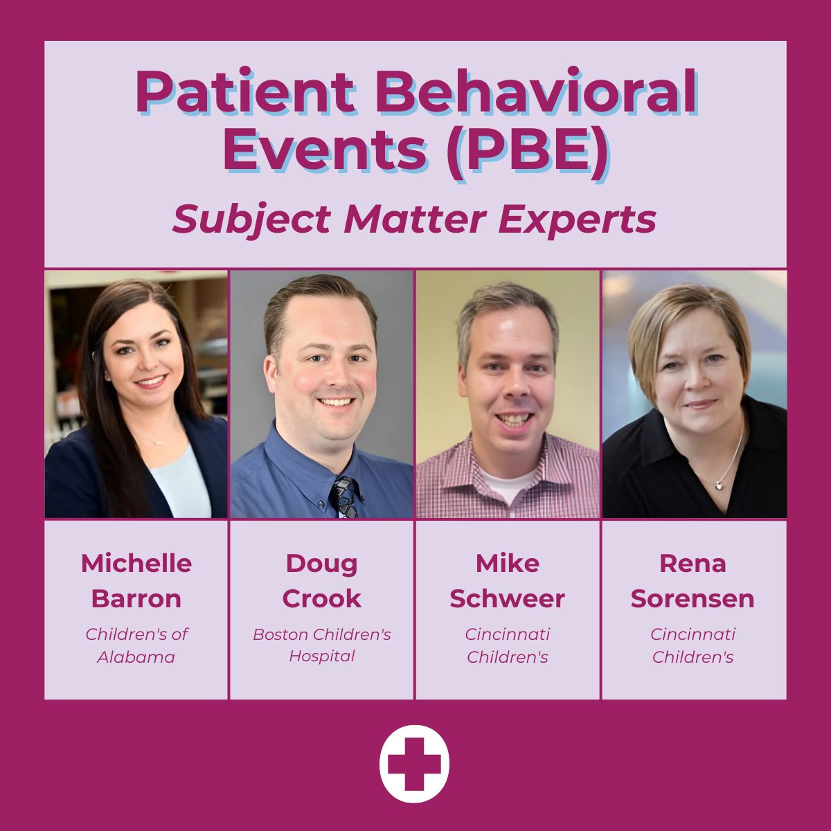 Meet our talented subject matter experts working on preventing serious employee harm from patient behavioral events: Michelle Barron (<a href="/ChildrensAL/">ChildrensAL</a>), Doug Crook (<a href="/BostonChildrens/">Boston Children's</a>), Mike Schweer (<a href="/CincyChildrens/">Cincinnati Children's</a>), and Rena Sorensen (Cincinnati Children's) 👏