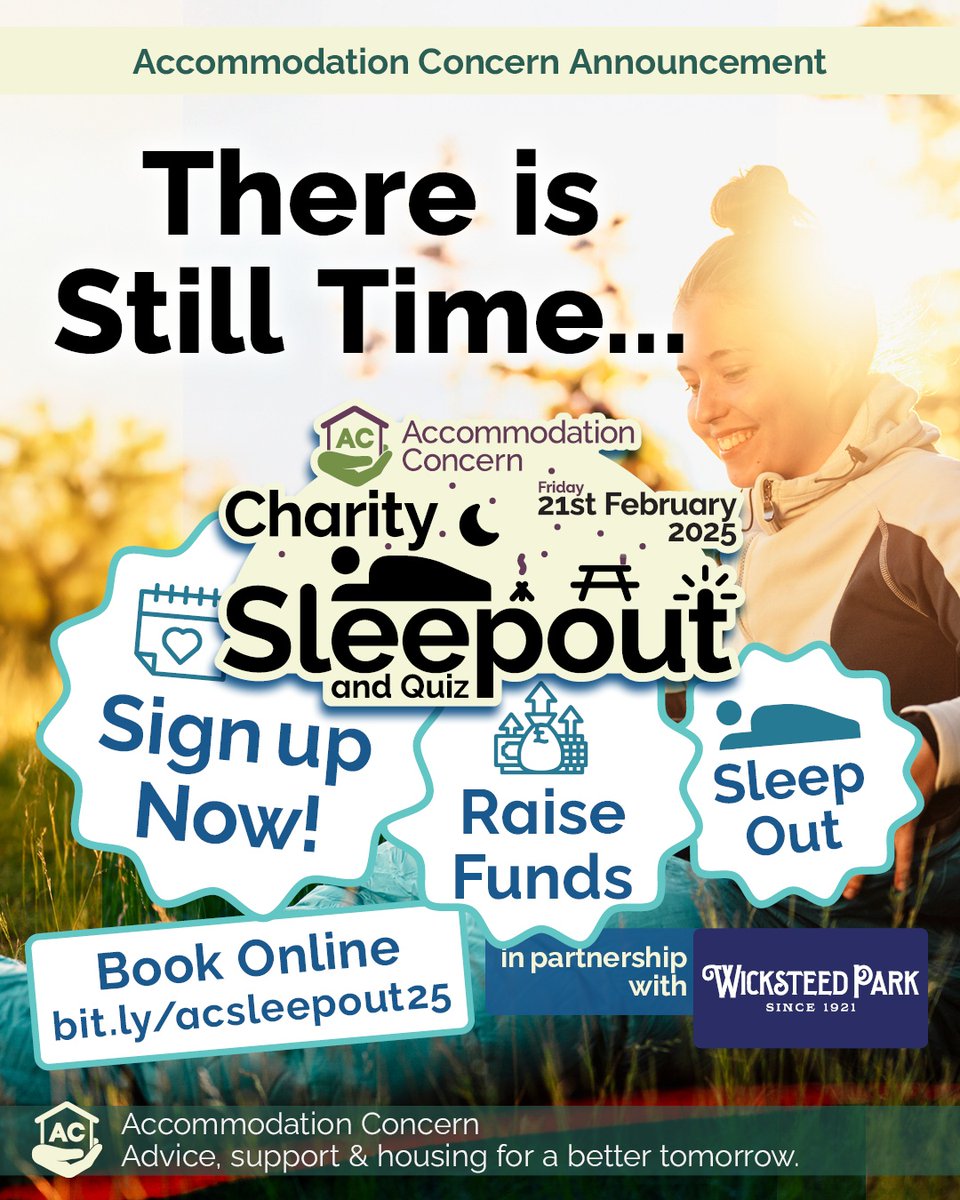 acconcern's tweet photo. One Month to Go: Imagine the impact your participation could make! With just one month to go, every day counts. Start your fundraising journey today. for our Charity Sleepout &amp; Quiz at Wicksteed Park, 21/02/25. Raise £100+ to join. Quiz at 8pm, sleepout at 11pm. Book now! https://t.co/EnRDfpPMRx