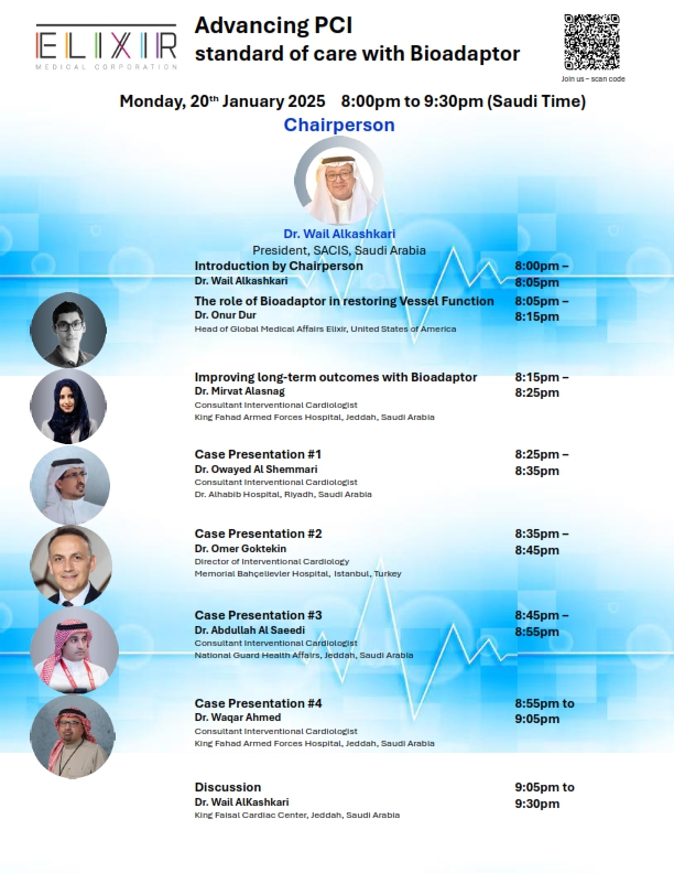 redsandevent's tweet photo. Join us Elixir Series
Advancing PCI standard of care with Bioadaptor
Monday, 20th January 2025 @ 8:00pm to 9:30pm (Saudi Time)
with Renowned Interventional Cardiologists Presenting Complex cases
https://t.co/cEVVca1lAz
#elixir #bioadaptor #cardiologists #interventional https://t.co/NYyls1shXQ