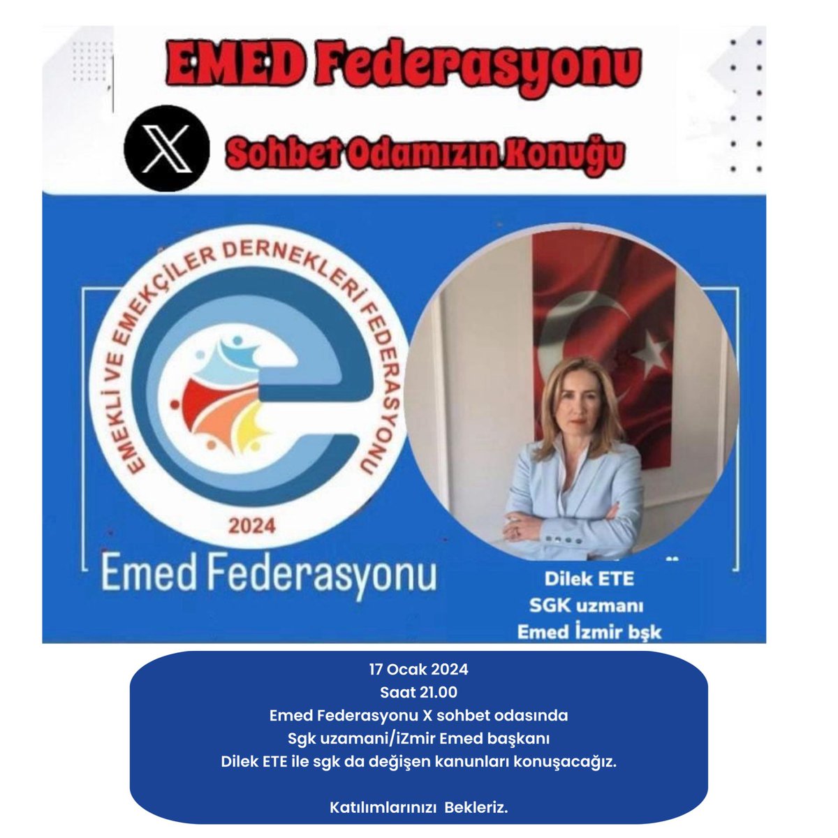 👉DUYURU

17.01. Cuma (bu akşam) 
 saat 21.00 da <a href="/EmedFederasyonu/">Emekli ve Emekçiler Dernekleri Federasyonu</a> X sohbet odasında engelli yasalarında değişiklikler, iptal edilen emeklilikler ve sgk ile yaşanan sorunları SGk uzmanı/Emed İzmir başkanı  Dilek ETE ile ( <a href="/dileketesgk/">Dilek ETE</a> ) konuşacağız. 

Katılımlarınızı bekleriz