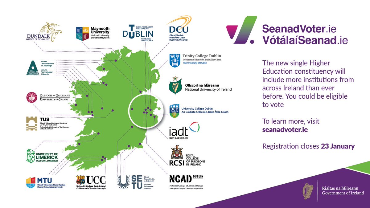 The deadline to register for the new Higher Education Seanad Éireann constituency is January 23rd! 🗓️

Attention alumni of the listed institutions: YOU might be eligible to vote!   

Visit seanadvoter.ie to register today 🗳️