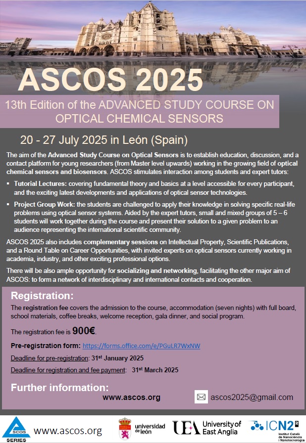MJMarin Research (@mjmarinresearch) on Twitter photo Join us at ASCOS2025! If you are an early researcher interested in Optical Chemical Sensors, do not miss this fantastic summer school.
Pre-registration is now open: forms.office.com/e/PGuLR7WxNW.
For further information: ascos.org or by email ascos2025@gmail.com Join us at ASCOS2025! If you are an early researcher interested in Optical Chemical Sensors, do not miss this fantastic summer school.
Pre-registration is now open: forms.office.com/e/PGuLR7WxNW.
For further information: ascos.org or by email ascos2025@gmail.com