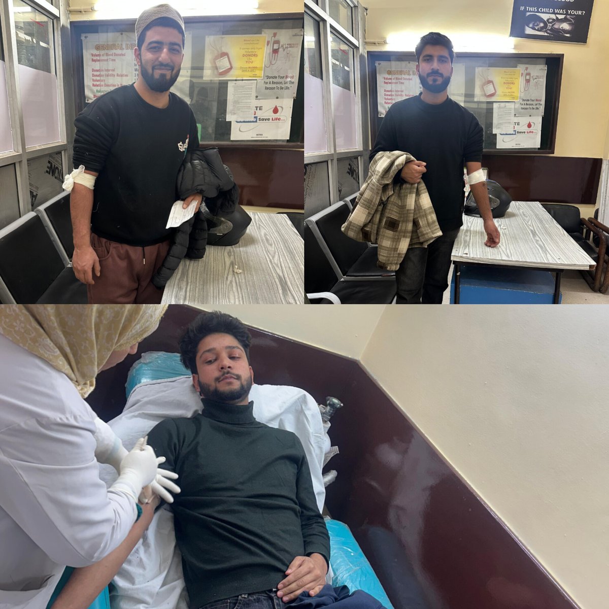 On Sos call our 3 members bleed at SKIMS Soura for needy CA patient today.
One hero for today is Danish Parvaiz Lone  from Lolab, this is his ist pint for Danish,3rd for Waseem &amp; 25th for Umer. This is how our team works.