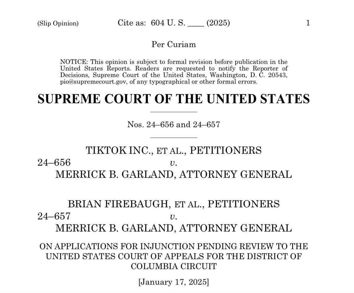 🚨🚨🚨

The Supreme Court upholds the DC Circuit Court opinion 9-0.

Chinese Communist Party-controlled TikTok is out of legal options.

Because TikTok has not divested from ByteDance, <a href="/Apple/">Apple</a> and <a href="/Google/">Google</a> must remove it from their app stores on Sunday.