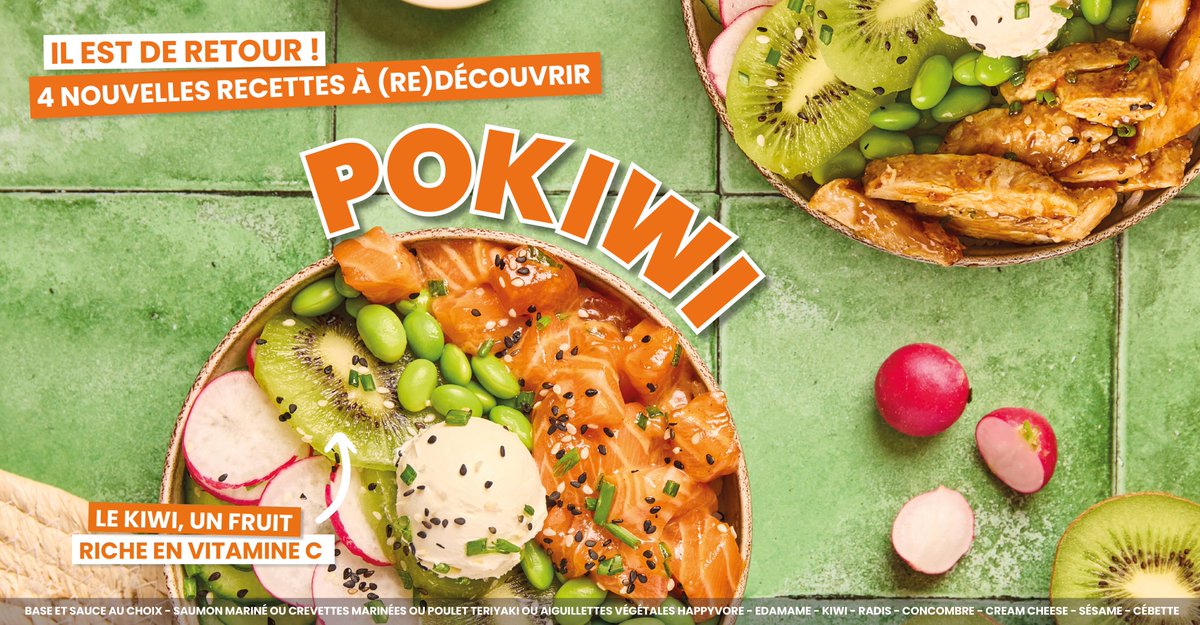C’EST LE JOUR-J !!🥝

Notre incontournable poké au kiwi fait son GRAND retour 😍 🥝
En plus de la crevette et le saumon, il revient en force avec deux nouvelles protéines : le Poulet Teriyaki et les Aiguillettes Végétales 🤩
La gamme du Pokiwi est complétée par un Kiwi Ninja et