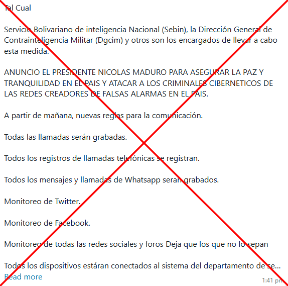 #17Ene 🇻🇪💬 Esta semana detectamos que se está difundiendo la cadena en la que se afirma que el gobierno venezolano anunció supuestas "normas de comunicación" en el país. 

La información es falsa y no fue publicada en <a href="/DiarioTalCual/">TalCual</a> . No hay ningún anuncio oficial o alguna