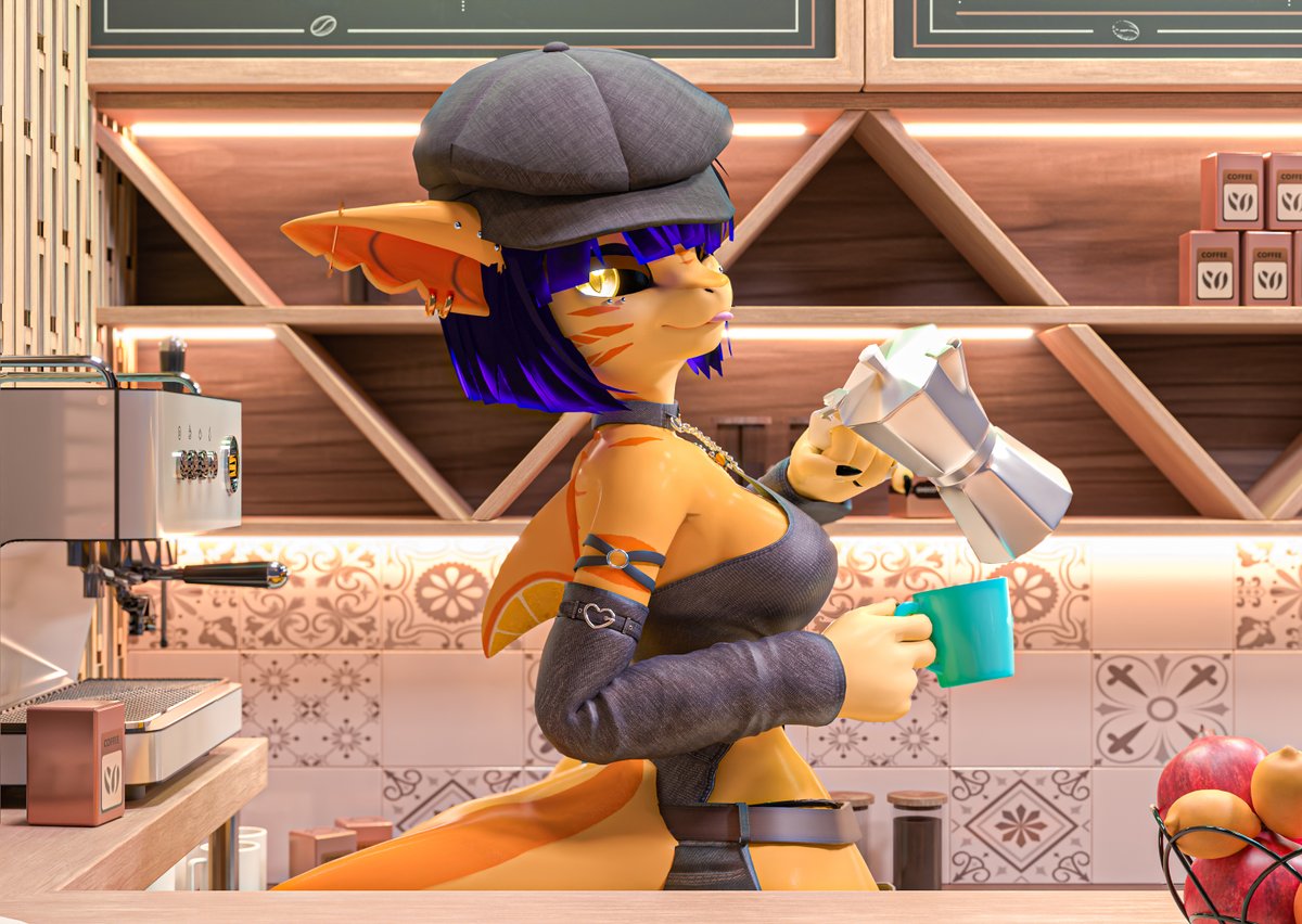 "morning sleepy head~ Want some coffee? Or lemonade~💛💛?"

(render practice)
#b3d #VRC #VRChatPhotography