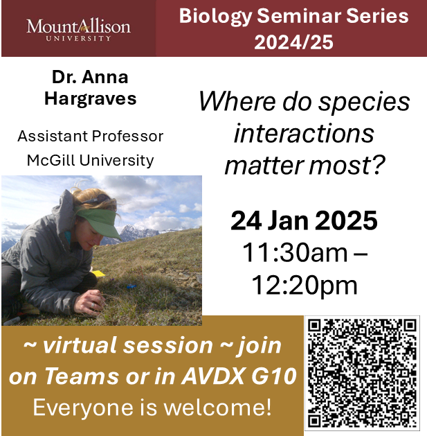 mta_science's tweet photo. Biology Seminar today, 11:30am-12:20pm, with Dr. Matt Litvak.  Join in next Friday, January 24th @ 11:30, with Dr. Anna Hargraves (virtual session) ~ tune in on Teams or with others in AVDX G10 as Dr. Hargraves from McGill discusses "Where do species interactions matter most?" https://t.co/ue3iB3EVsW