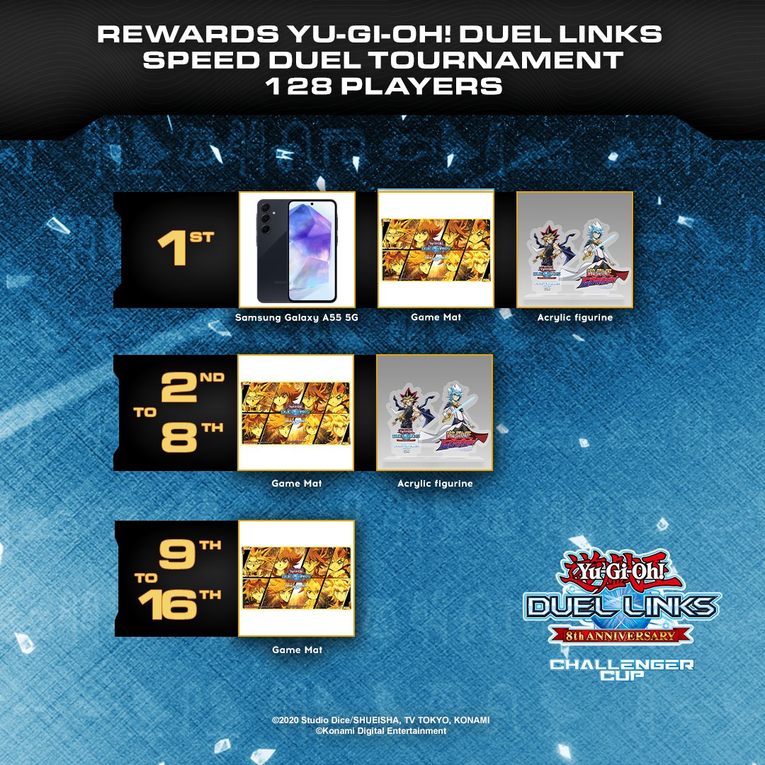 Celebrate the 8th Anniversary of #YuGiOhDUELLINKS with Duel Links Challenger Cup!
25.01: watch 8 content creators Duel in a RUSH DUEL Invitational!
26:01: join tournaments for RUSH &amp; SPEED DUEL and win exclusive prizes!
For more info, join our Discord: discord.gg/ygoduellinkscc