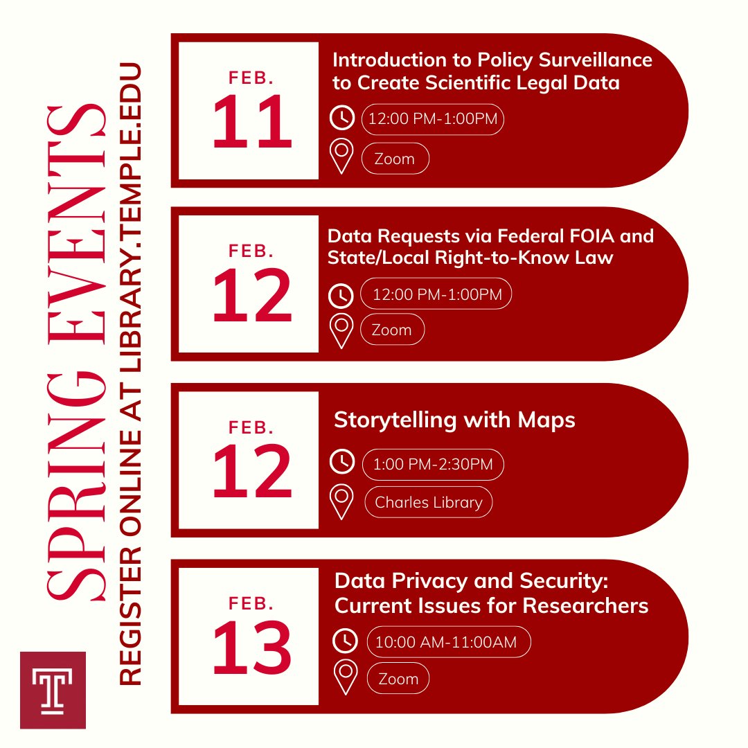 Check out some of our spring events! More information available at library.temple.edu/events! 📚️🦉💐🌺