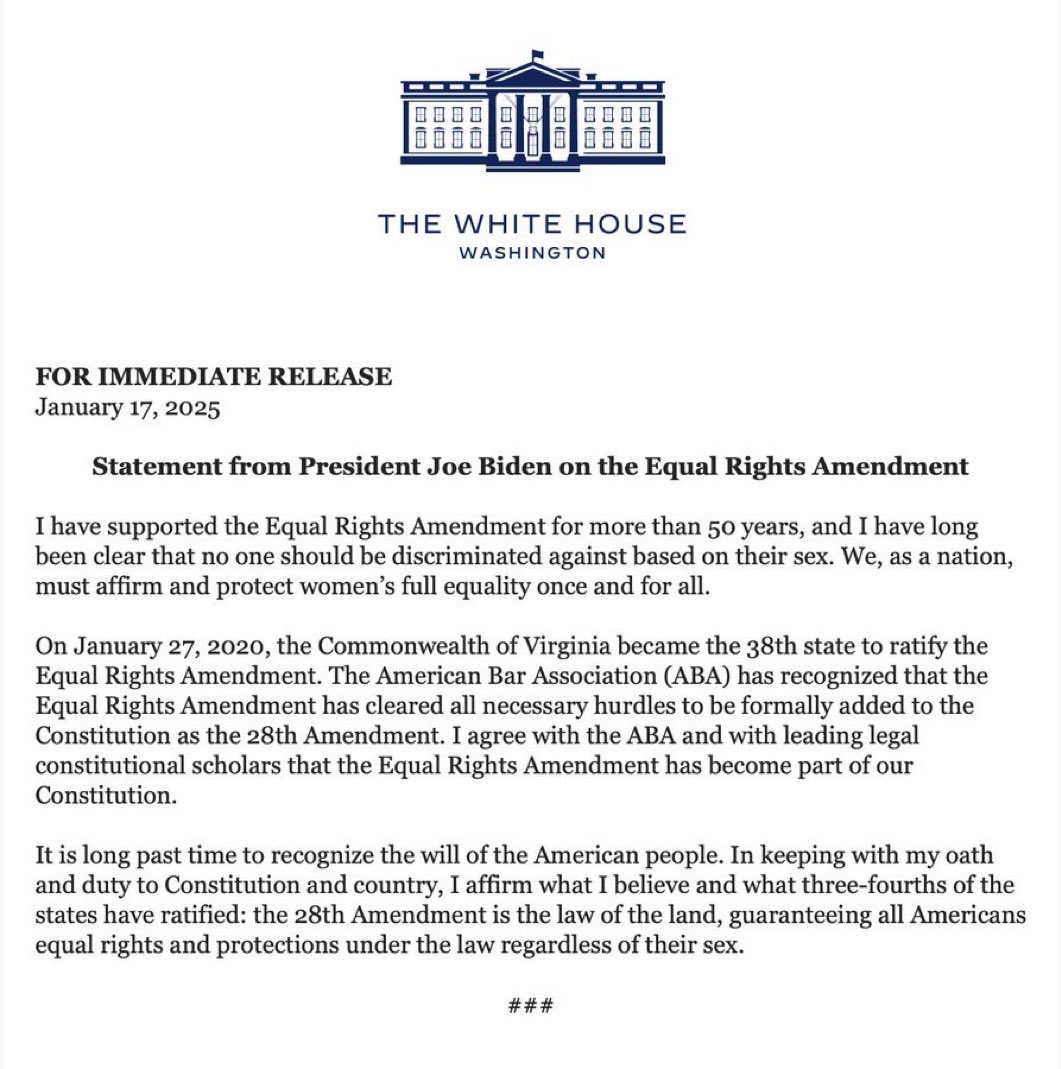 BREAKING: President Biden affirms the Equal Rights Amendment is part of the U.S. Constitution, declaring it the “law of the land.”