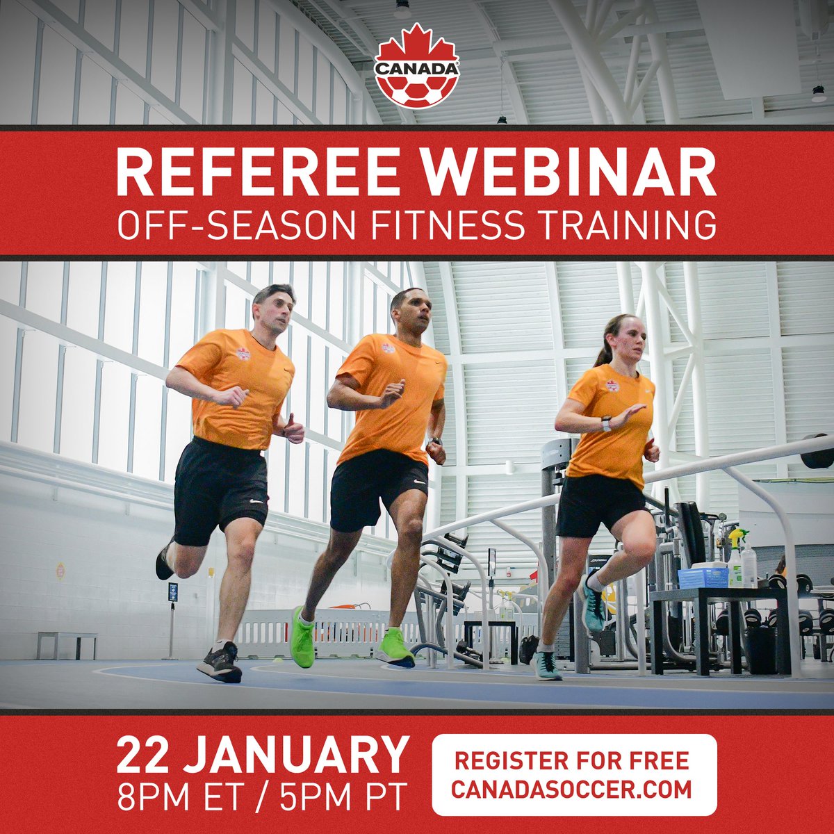 CanadaSoccerEN's tweet image. Canada Soccer Referee Webinar ~ Off-Season Fitness Training

🗓️: January 22 
⏰: 8pm ET (English)
📝: Led by Canada Soccer Referee Fitness Instructors, the webinar will provide advice and best practices to support off-season training leading into the outdoor season. 
💰: Register…