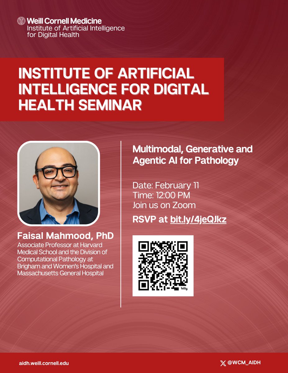 WCM_AIDH's tweet image. We are thrilled to have Dr. Mahmood @AI4Pathology to present his amazing work on AI for pathology at our seminar series in February. Please register at bit.ly/4jeQJkz