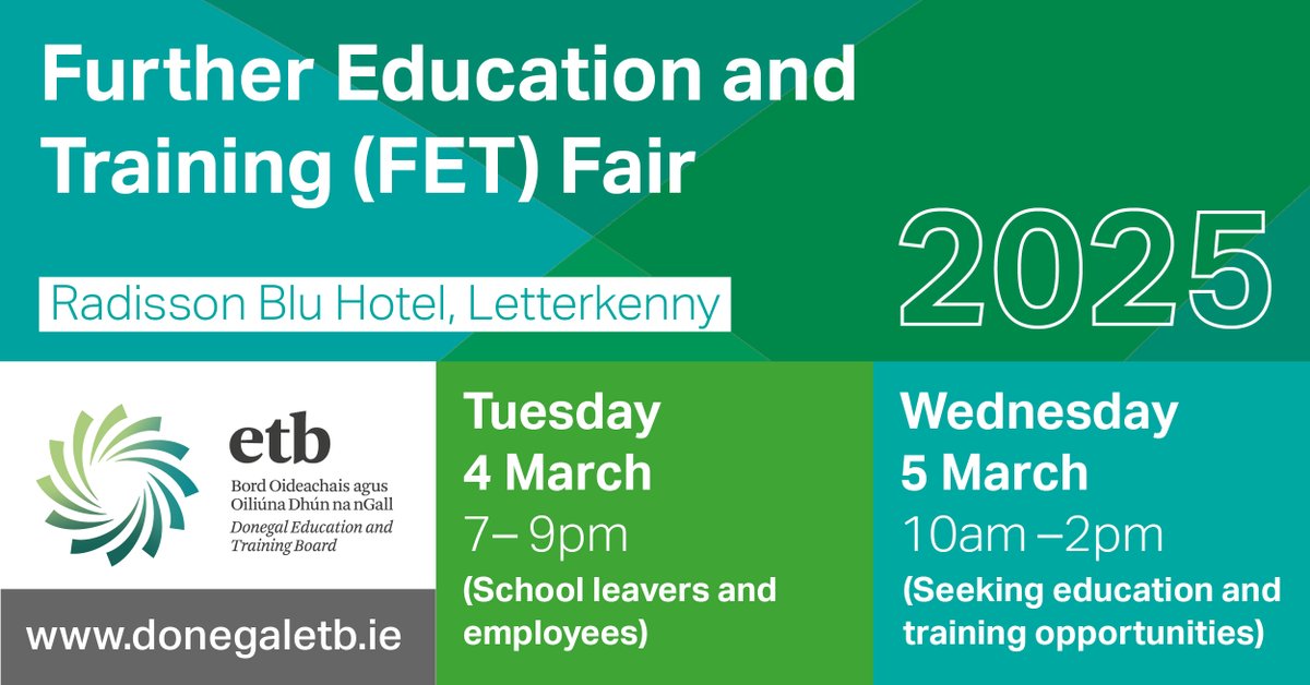 Donegal ETB (@donegaletb) on Twitter photo 📢Our Further Education & Training (FET) Fair is back in <a href="/RadissonBluLK/">Radisson Blu Letterkenny</a>:
⏩ 4 March (7-9pm) for school leavers and those in employment; panel discussions from 7pm
⏩5 March (10am-2pm) for those seeking education and training opportunities #GoFurtherWithDonegalETB 📢Our Further Education & Training (FET) Fair is back in <a href="/RadissonBluLK/">Radisson Blu Letterkenny</a>:
⏩ 4 March (7-9pm) for school leavers and those in employment; panel discussions from 7pm
⏩5 March (10am-2pm) for those seeking education and training opportunities #GoFurtherWithDonegalETB
