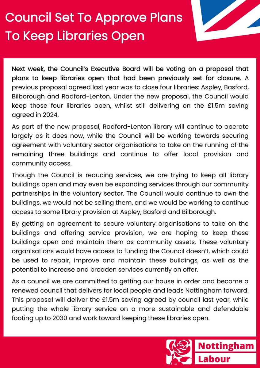 Nottingham City Council set to approve plans to keep libraries open 📚

Under the new proposal set to be agreed next week, councillors will be approving plans that would keep four libraries open that were previously set to close 👇