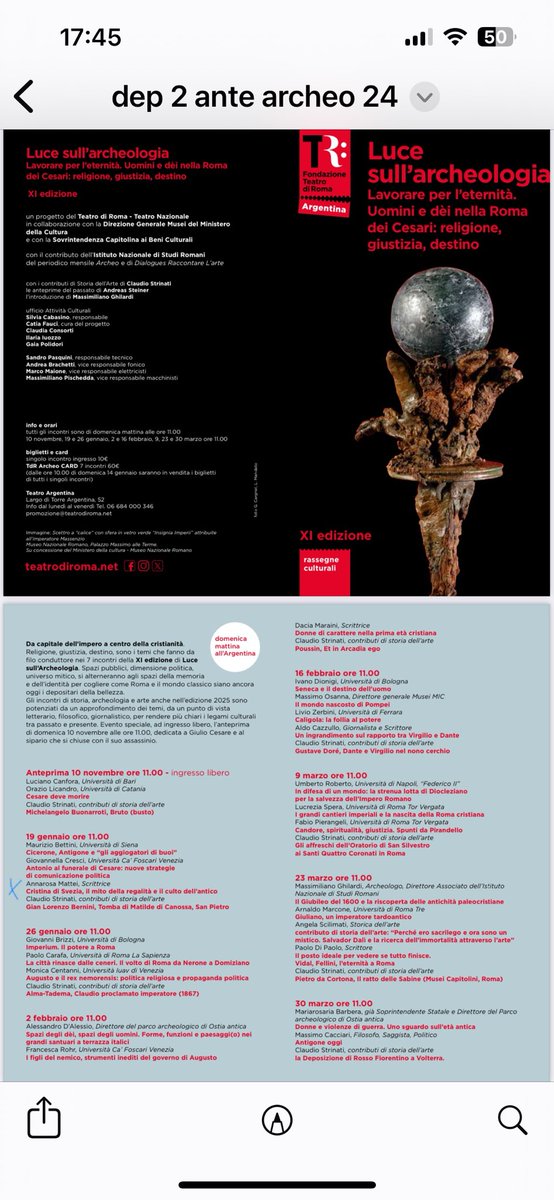 MatteiAnnarosa's tweet photo. Domenica 19, ore 11, Teatro Argentina, riparte l’XI edizione di ‘Luce sull’Archeologia’. Vi aspettiamo.. https://t.co/XptI6XYmPq