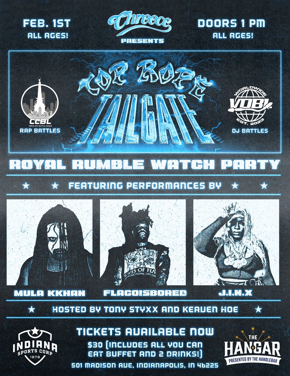 ARE YOU READY? 
Chreece and @indsportscorp have teamed up for The Top Rope Tailgate at @hangarindy - the ultimate @wwe #royalrumble viewing experience for fans on February 1st from 1- 11:30PM

Tix include food and drink, and some of the most electrifying performers.
