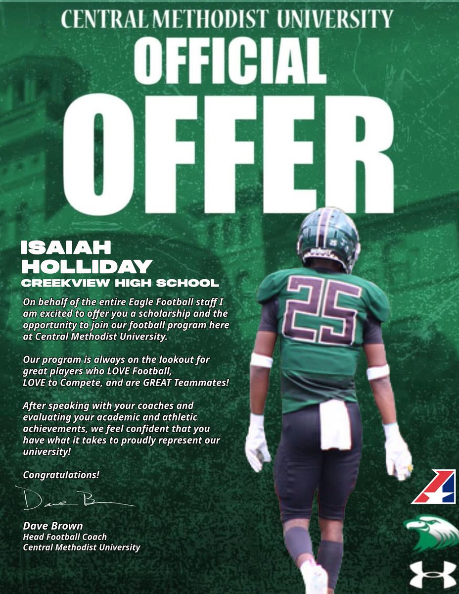 After great talks with <a href="/cmueaglesFB/">Central Methodist Football</a> I am proud to receive another offer to play football‼️❤️
<a href="/CHS_MustangFB/">CreekviewFB</a> <a href="/coachsmallz7/">Gabe Smallwood</a> <a href="/CoachOrtiz1/">CoachOrtiz</a> <a href="/coach_long1/">Coach Michael Long</a> <a href="/KalenBerry_4/">KBerry</a>  <a href="/CoachVinson8/">Matt Vinson</a>